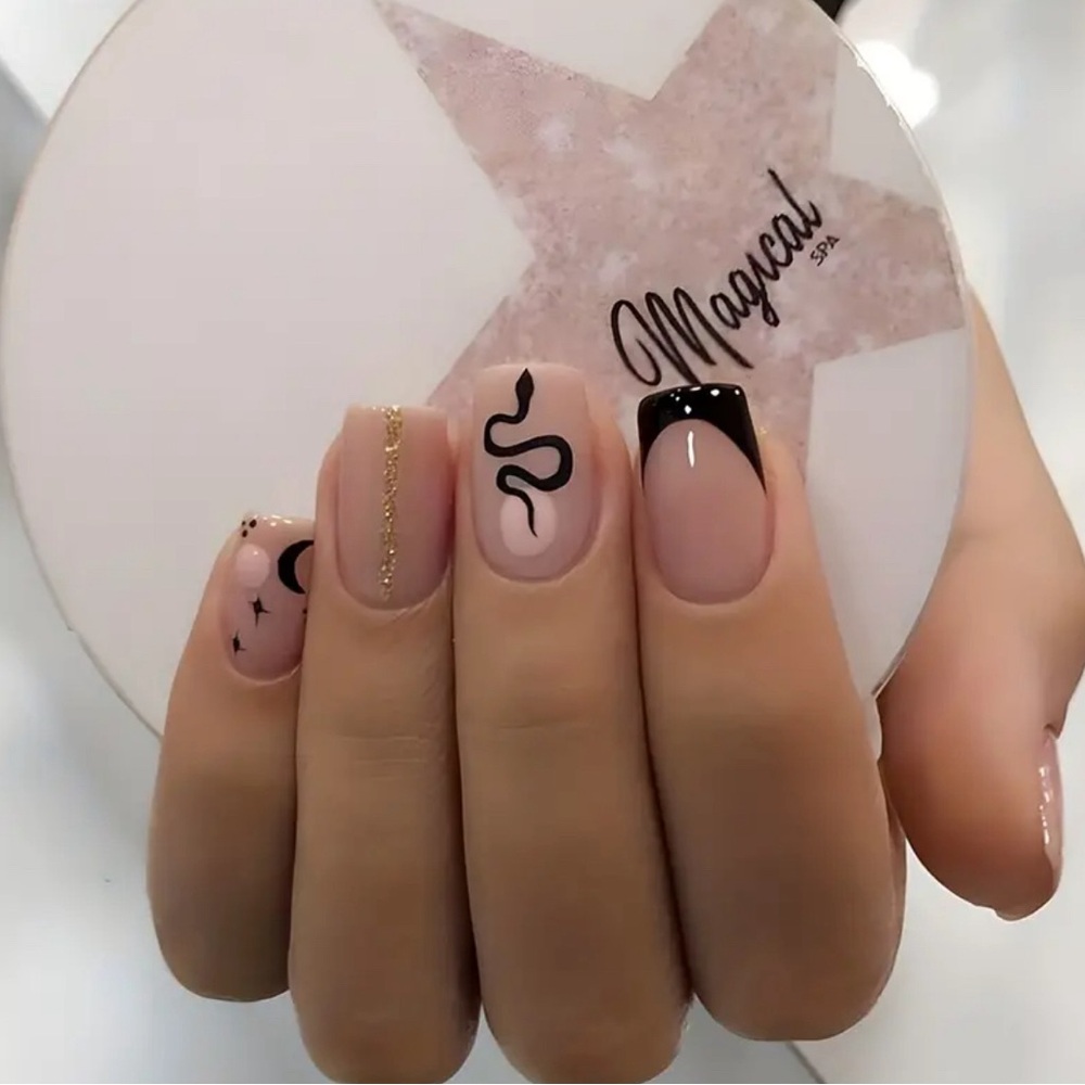 Taylor Swift Nude Pink Press-On Nails with Black & Gold Accents
